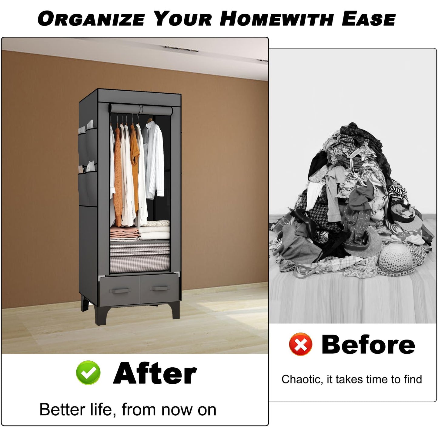OPPAIYA Canvas Wardrobe, Temporary Wardrobes With Hanging Rails, 2 Shelves、8 Side Bags & 2 drawer