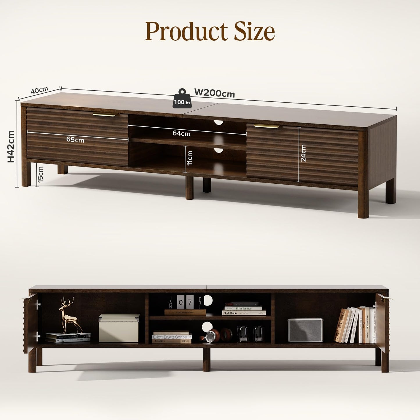 IKALIFE Wooden TV Unit, 200cm Long TV Stand Cabinet with Storage, Walnut