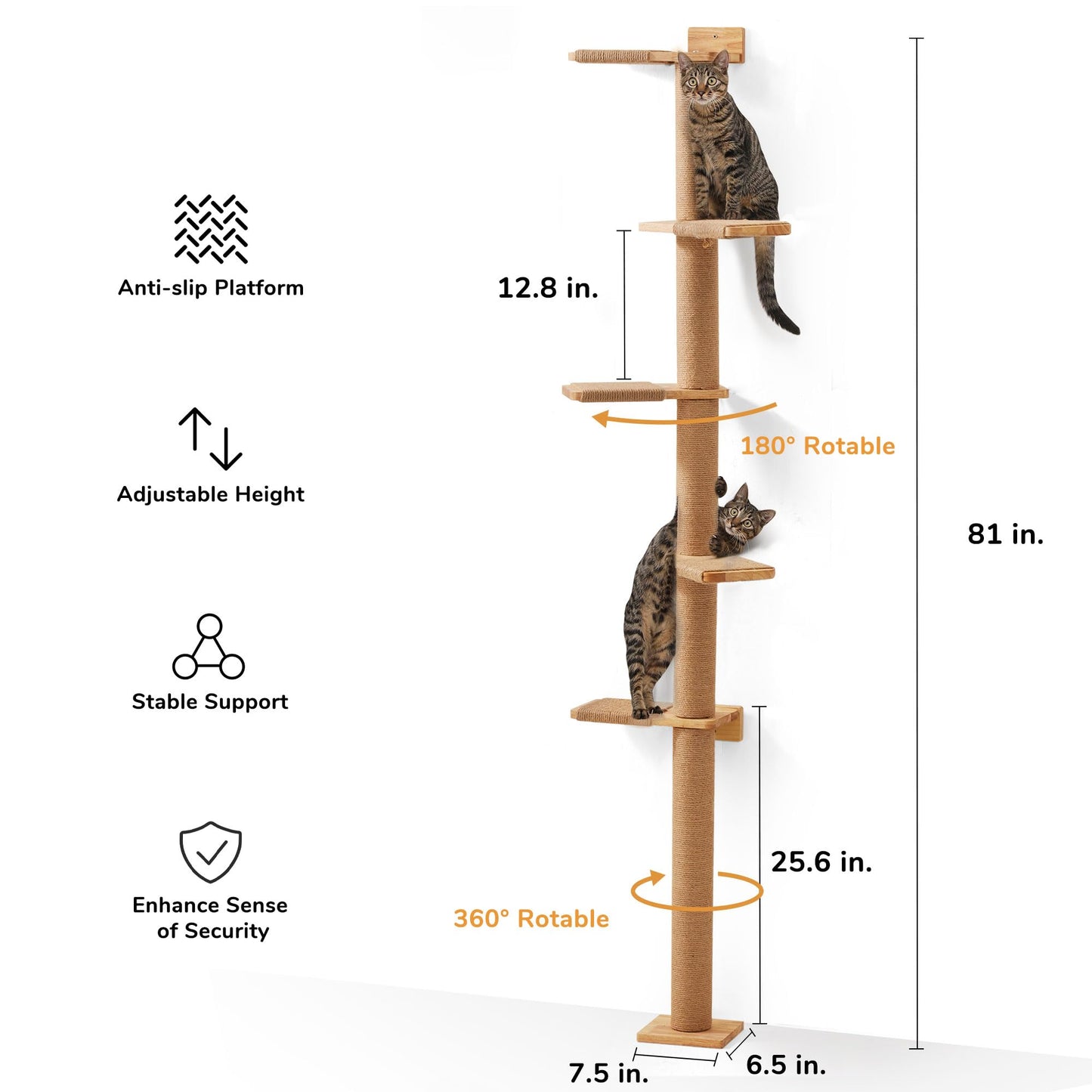 FUKUMARU Tall Cat Tree, 5 Tier Floor to Ceiling Cat Tower, Wall-Mounted Cat Scratching Post, Wild Simulation Cat Wall Shelves, Suitable for Cats