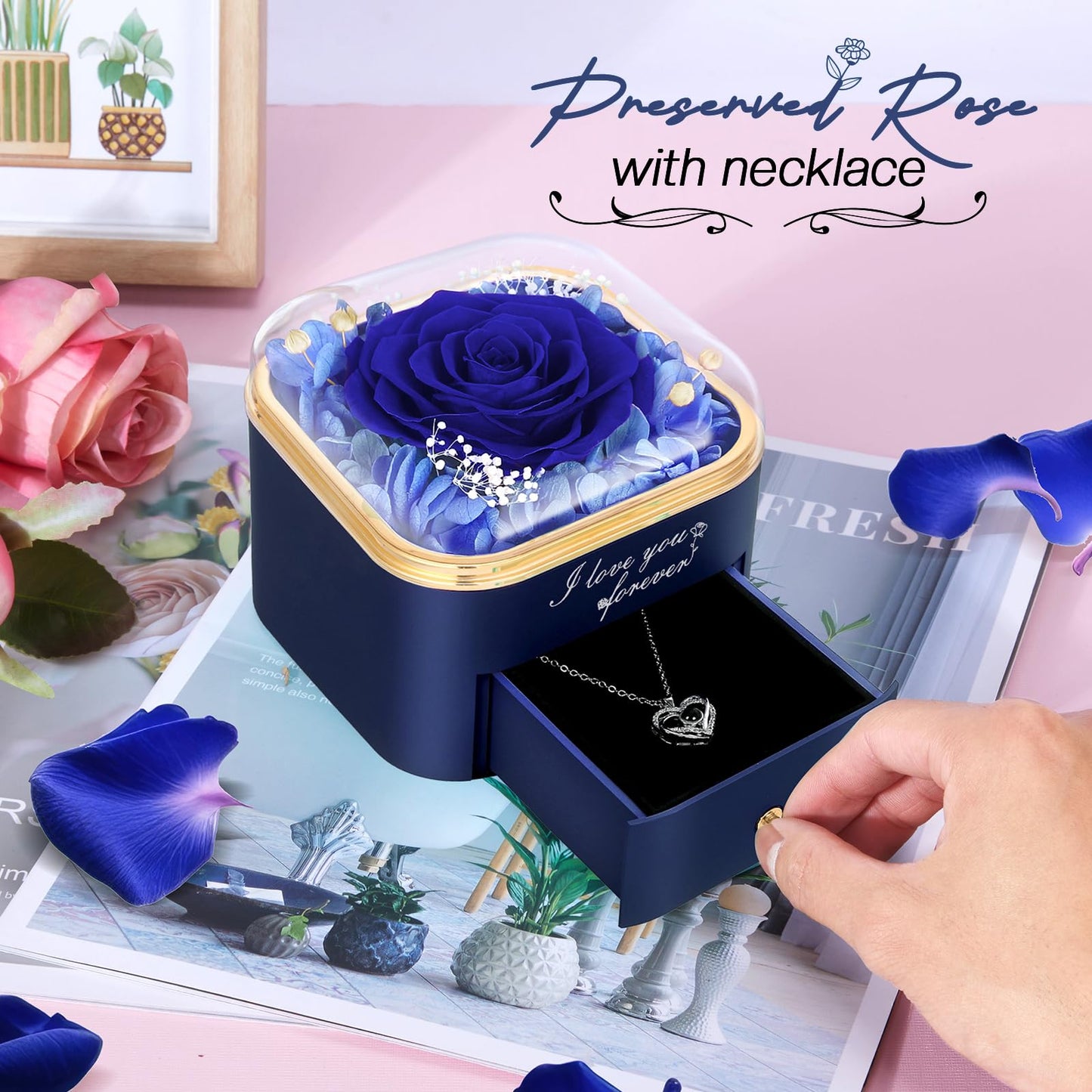 Firestyle Preserved Blue Real Rose with I Love You Necklace in 100 Languages-Eternal Flowers Rose Gifts for Her Women Mum Wife Girlfriend on Christmas