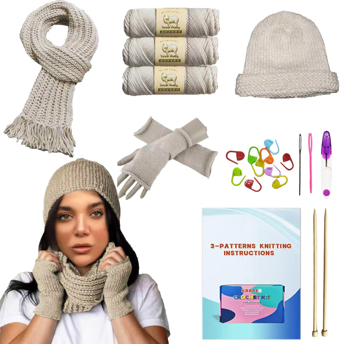 Kaaper Beginner Knitting Kit for Adults & Kids, Learn to Knit Crochet Starter Kit in Khaki with Scarves, Hats & Gloves Knitting Includes Wool Yarn,