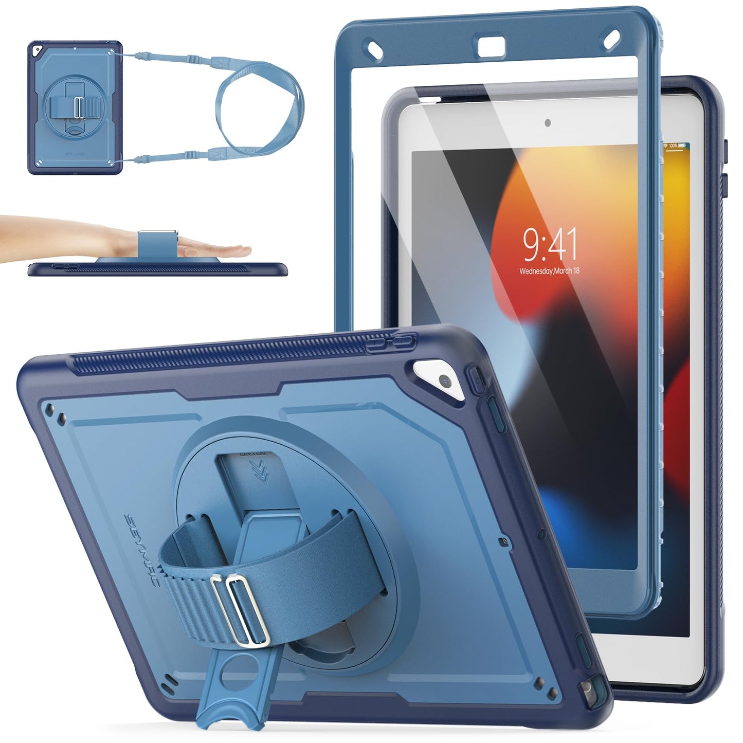 SEYMAC stock Case for iPad 9th/8th/7th Generation 10.2 Inch, Frosting-Anti-Slip, Shockproof Case with Screen Protector, 360 Rotating Hand Strap/Stand,