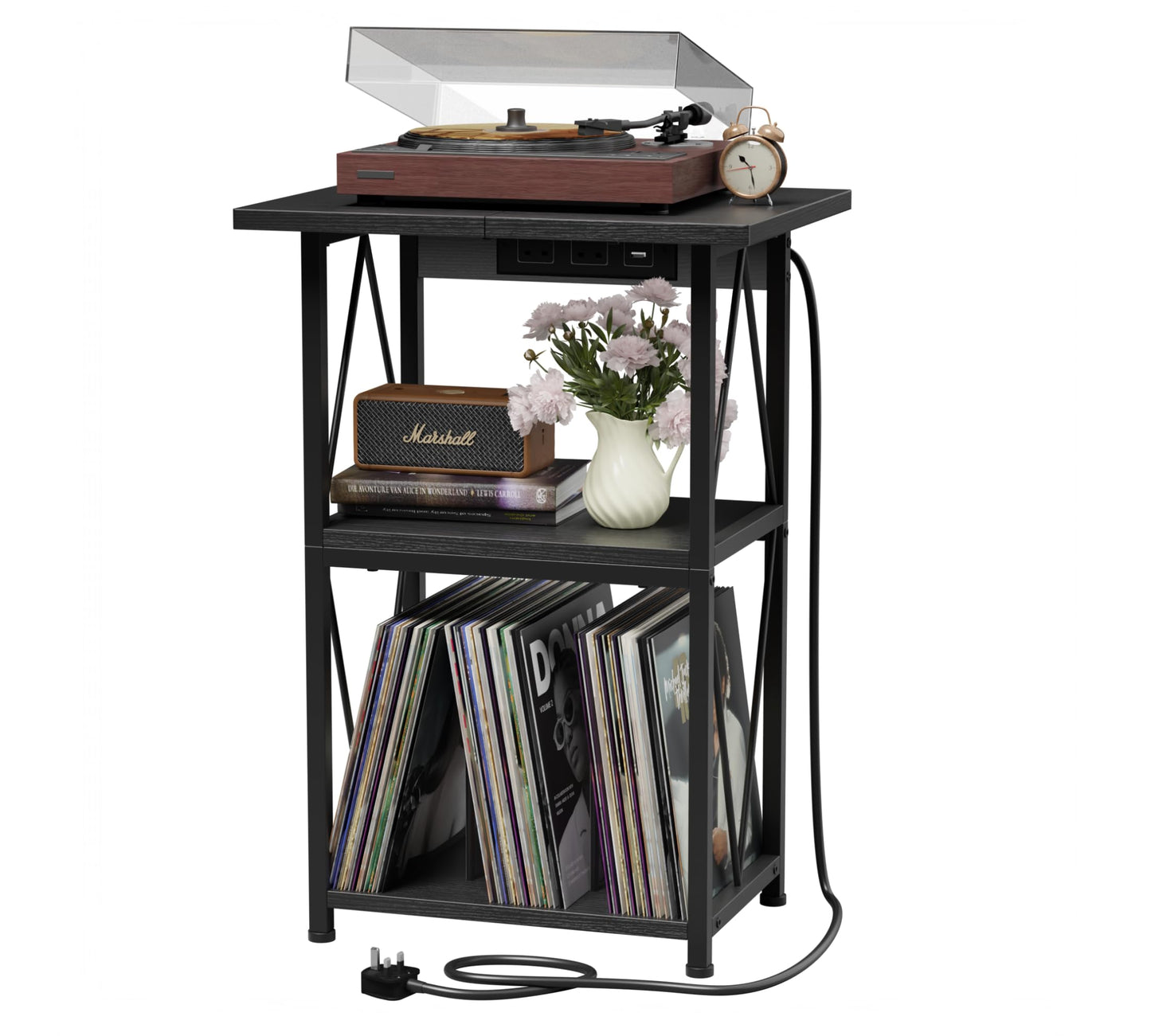 2026 Upgraded Extended Tabletop Record Player Stand with Charging Station, 3 Tier 50x40cm End Table with Vinyl Record Storage