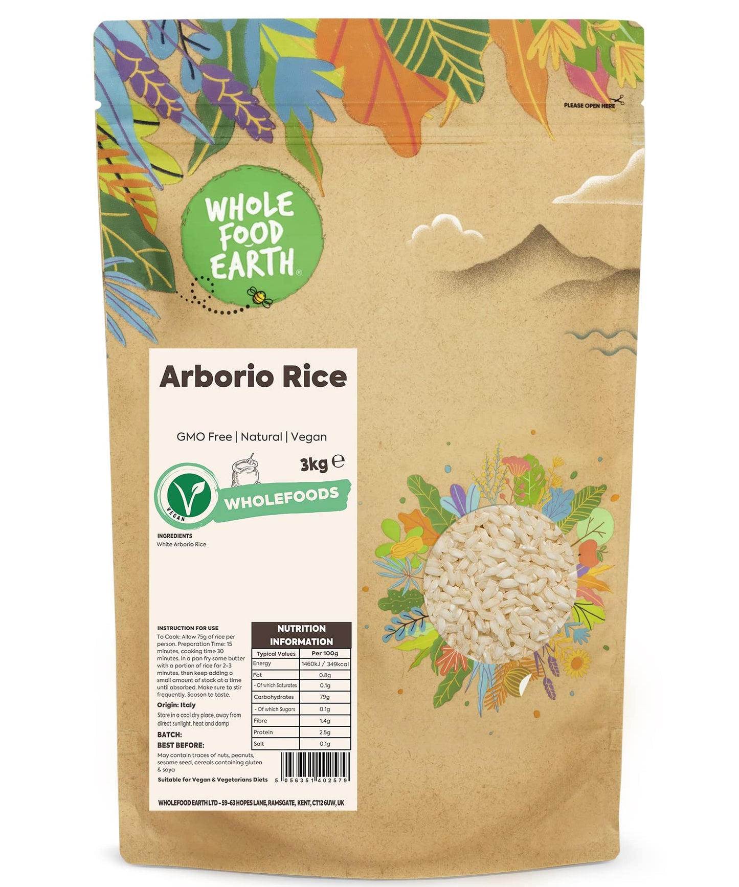 Wholefood Earth Arborio Rice 3 kg | GMO Free | Natural