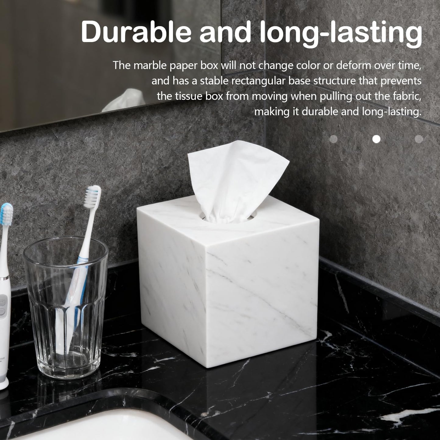 Tissue Box, 14.5 x 14.5 x 14.5 cm Tissue Box Holder Made of Natural Marble Square Paper Organizer with Open Acrylic Base and Silicone Mat for Home