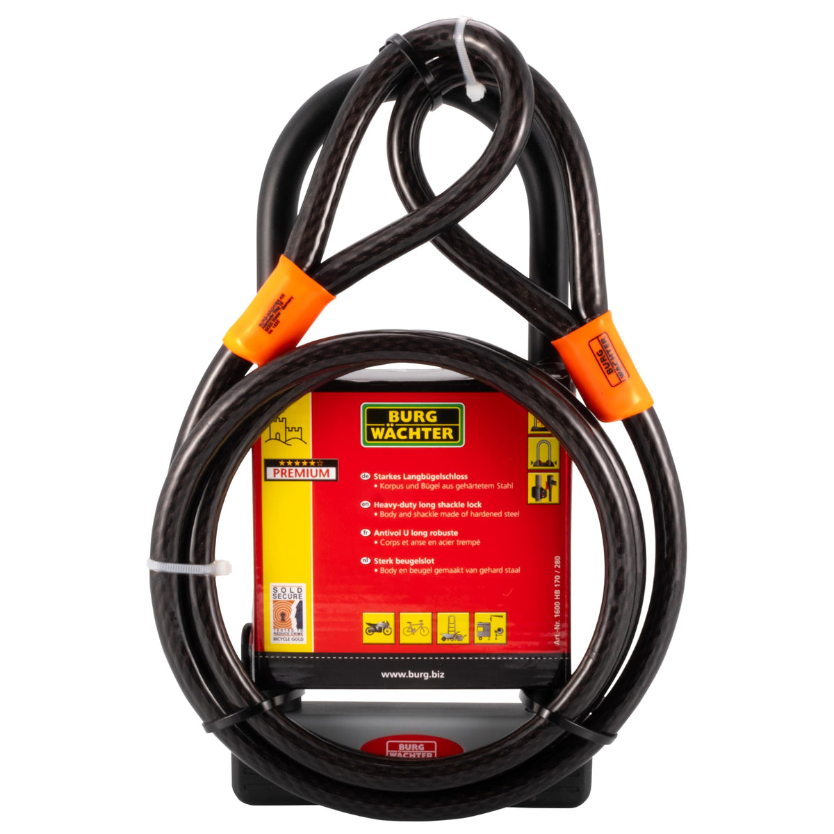 Burg W?chter Unisex's 1600 HB KIT Gold Sold Secure Bicycle D Lock, Black, Large-2.1M Cable