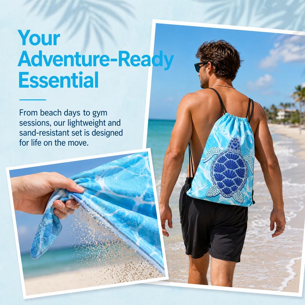 ZPSOSPZ Turtle Printed Microfibre Towel 160×80 cm,Travel Towel with Bag