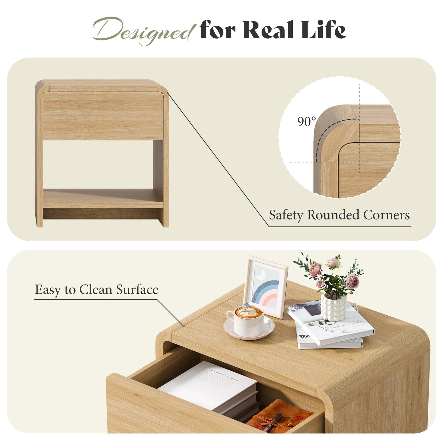 LUXOAK Bedside Tables, Oak Effect, Set of 2