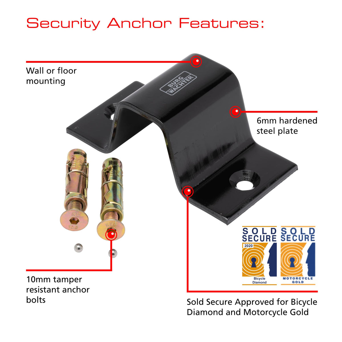 Burg-Wachter Wachter 1.5M Sold Secure Gold Bike Chain, Lock and Ground Anchor Kit Black