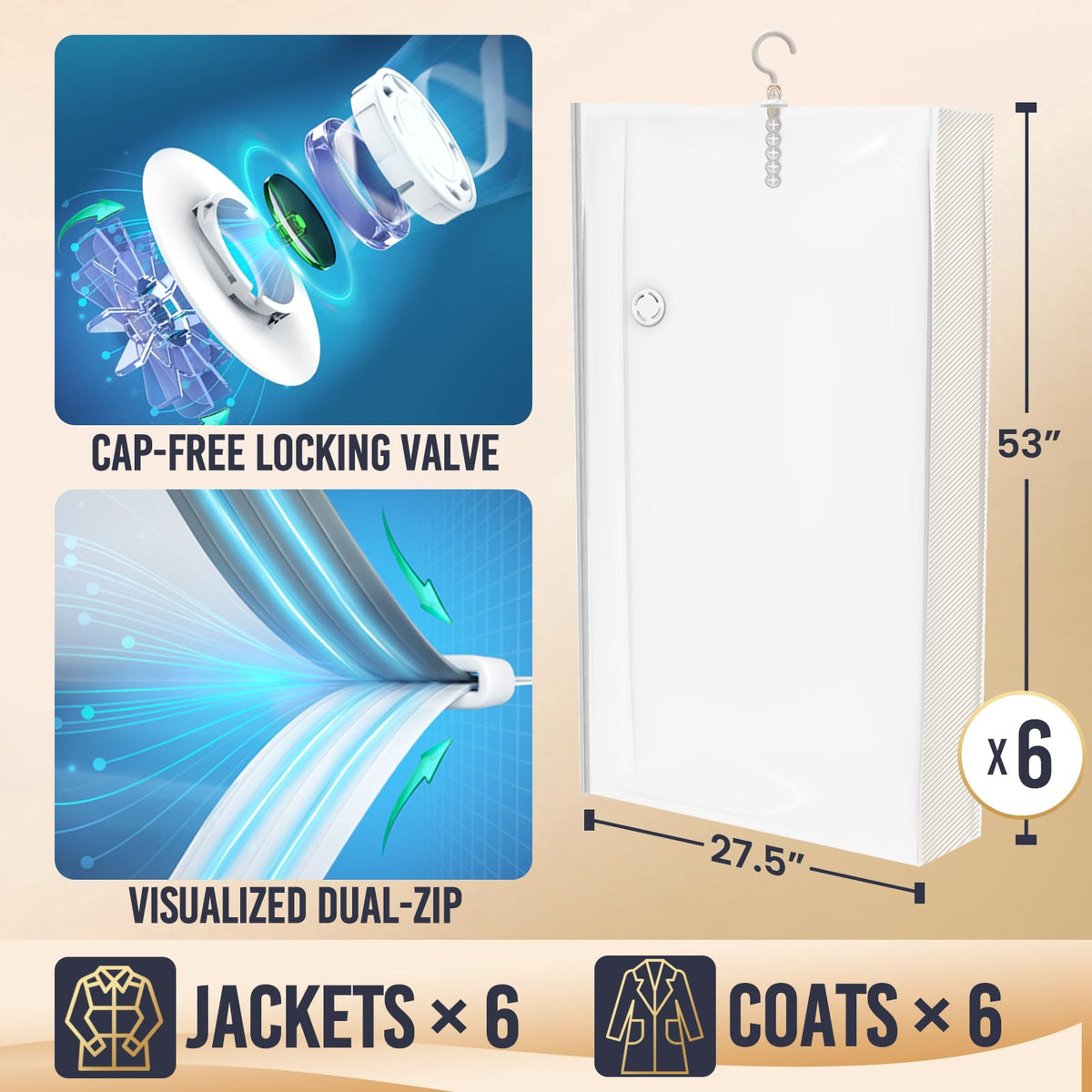 TAILI Hanging Vacuum Storage Bags for Clothes, 6 Packs Long 135x70x20x20cm, Vacuum Storage Bags for Suits, Coats, Jackets or Dresses, Save 80% Space