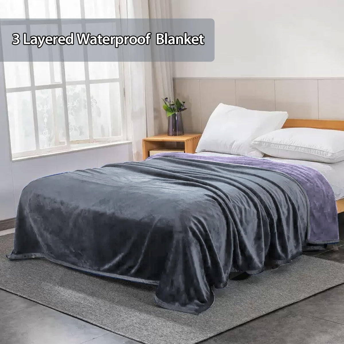 YISURE Waterproof Reversible Blanket for Bed, Leakproof Squirt Love Queen Size Blanket for Adults, King Size 90"x80" (Grey/Purple)