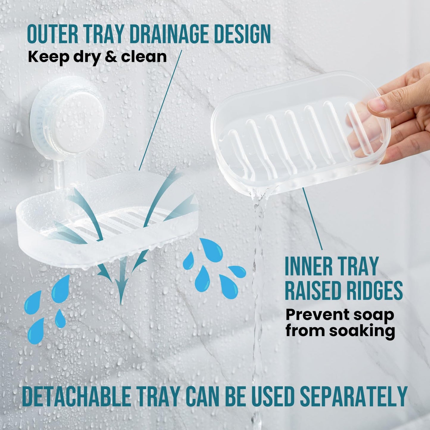 TAILI Suction Soap Dish for Shower, Drill-Free Wall Mounted Holder, Clear