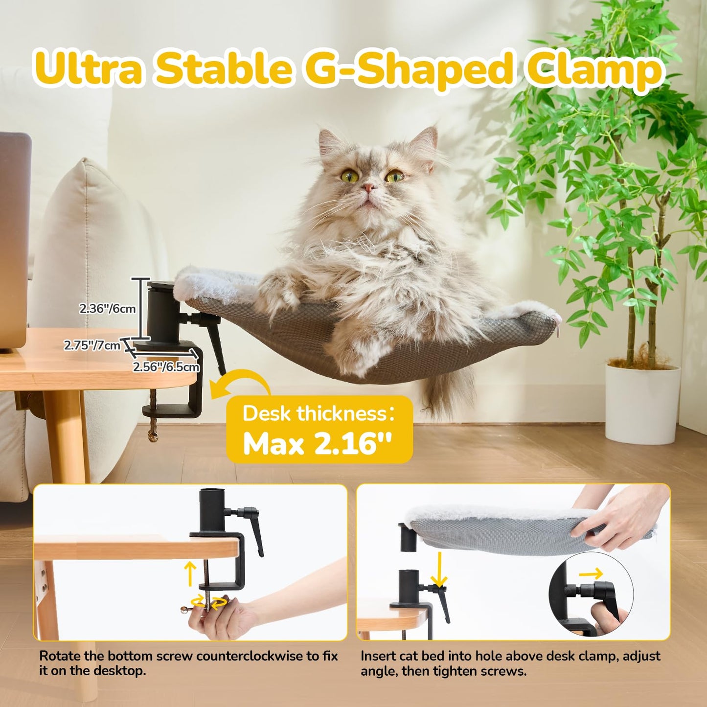 CATISM Cat Desk Bed Soft Square Desktop Bed Desk Clamp Kitty Beds Up To 55 lbs Perfect Office Work Deskcat Beds Cat Hammock Indoor Cats with 2 Pet