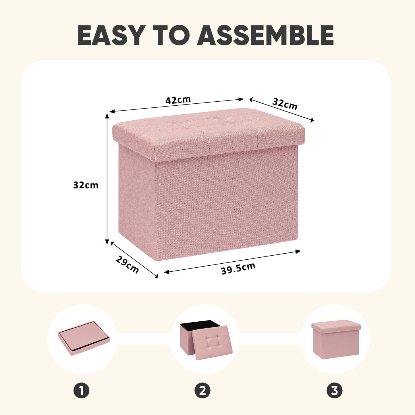 PINPLUS Tufted Linen Storage Ottoman Box, Foldable Footstool, Pink