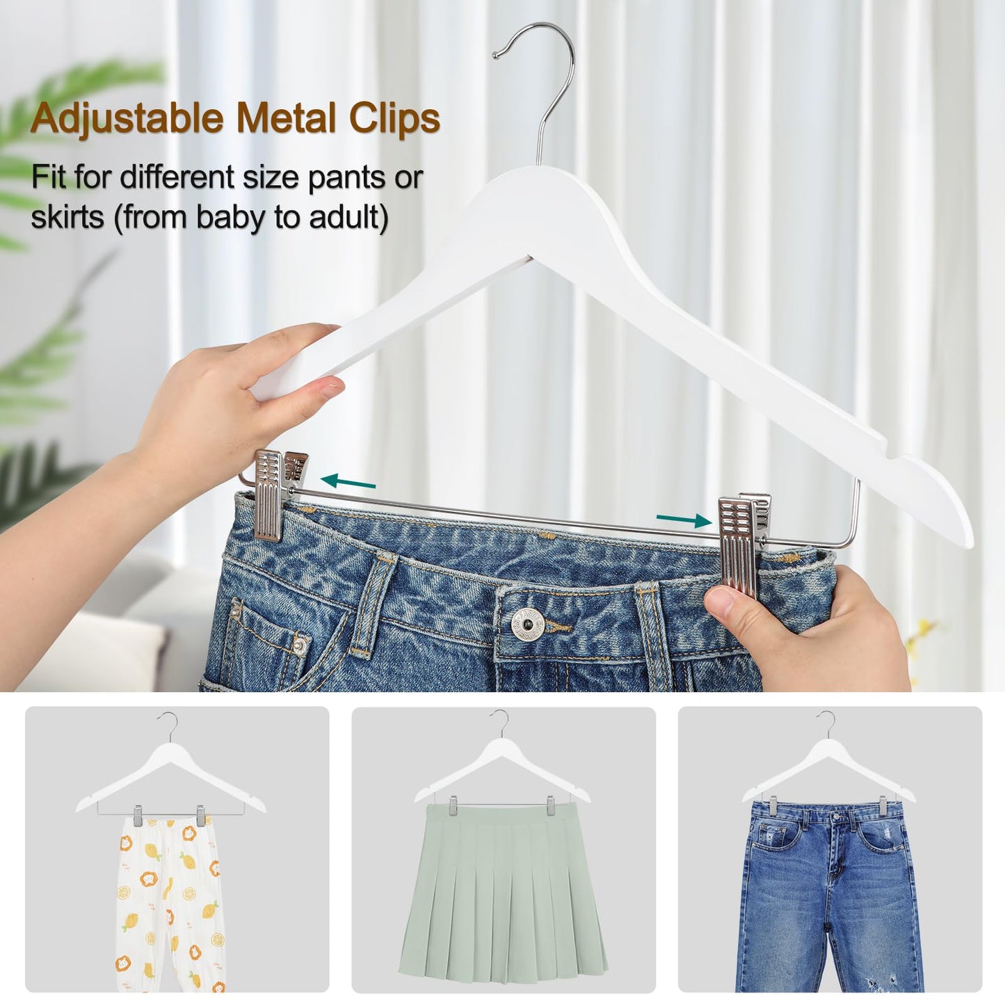 TOPIA HANGER Wooden Suit Hangers with Adjustable Metal Clips (10 Pack), Solid Smooth Wood Clothes Hangers, 360° Swivel Hook