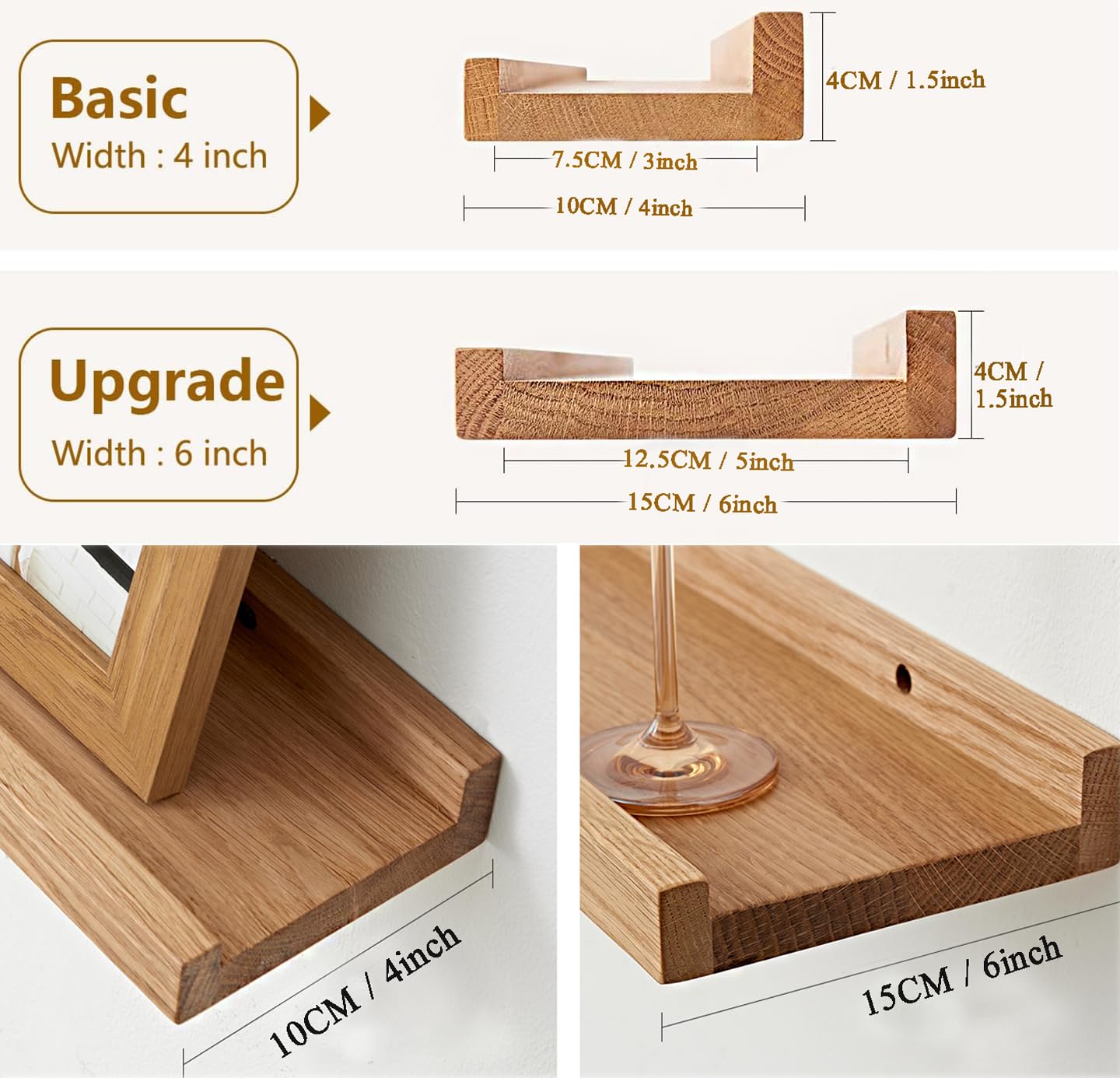OAKERLAND Wooden Floating Shelves for Wall, 24 inch Solid Oak Picture Ledge Shelf Wall Mounted Oak Display Shelf for Home,Office,Bedroom,Living