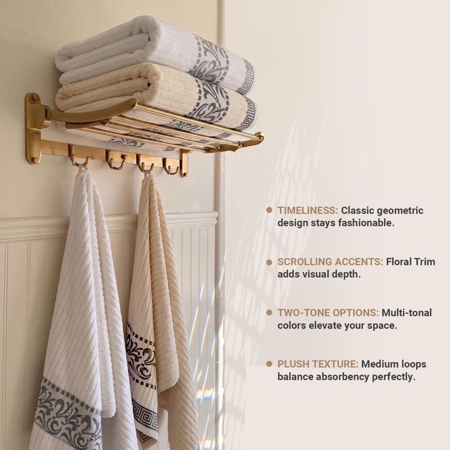 Superior 8 Piece Cotton Towel Set, Highly-Absorbent Plush Decorative Bohemian, Greek Key Trim Jacquard Dobby Border, Face Towels 13” x 13”