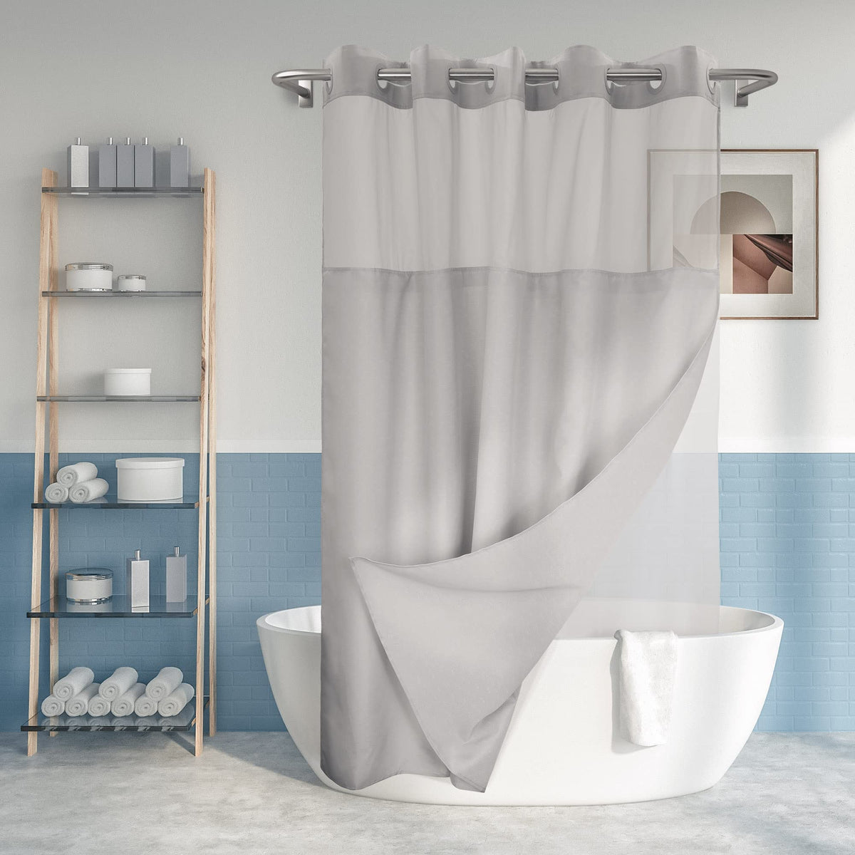 River Dream Long No Hook Slub Textured Shower Curtain with Snap-in PEVA Liner Set - 71" x 80"(78"), Hotel Style with See Through Top Window, Grey