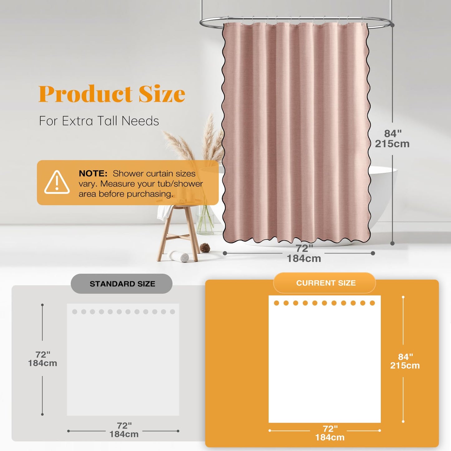 BTTN Extra Long Scalloped Shower Curtain, Waterproof, 184x215cm, Blush