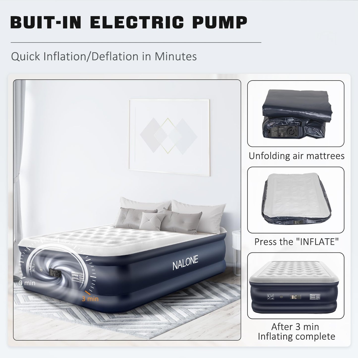 NALONE King Air bed, Inflatable mattress with Built in Pump, 203x152x46cm Double Blow Up Mattress in 3 Mins Self-Inflation/Deflation, Portable air