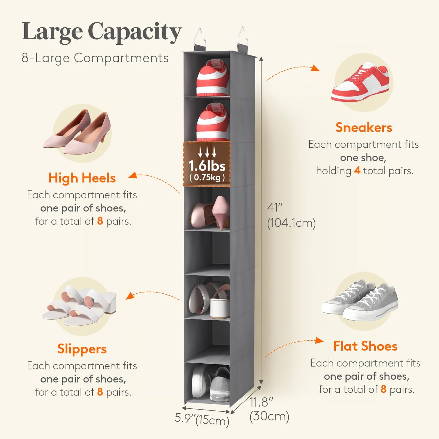 Lifewit 8 Section Hanging Shoe Organizer for Closet, Foldable Fabric Shoes Storage with Two Sturdy Hangers, Closet Organizers and Storage for Shelves