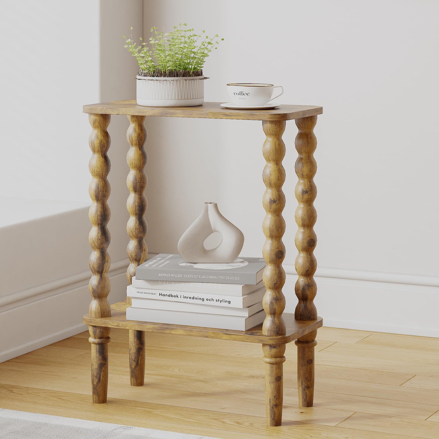JERX 2-Tier Wooden Side Table, Narrow Nightstand with Open Wood Shelf, Bedside Table for Small Spaces, Bedroom, Living Room, Accent End Table with