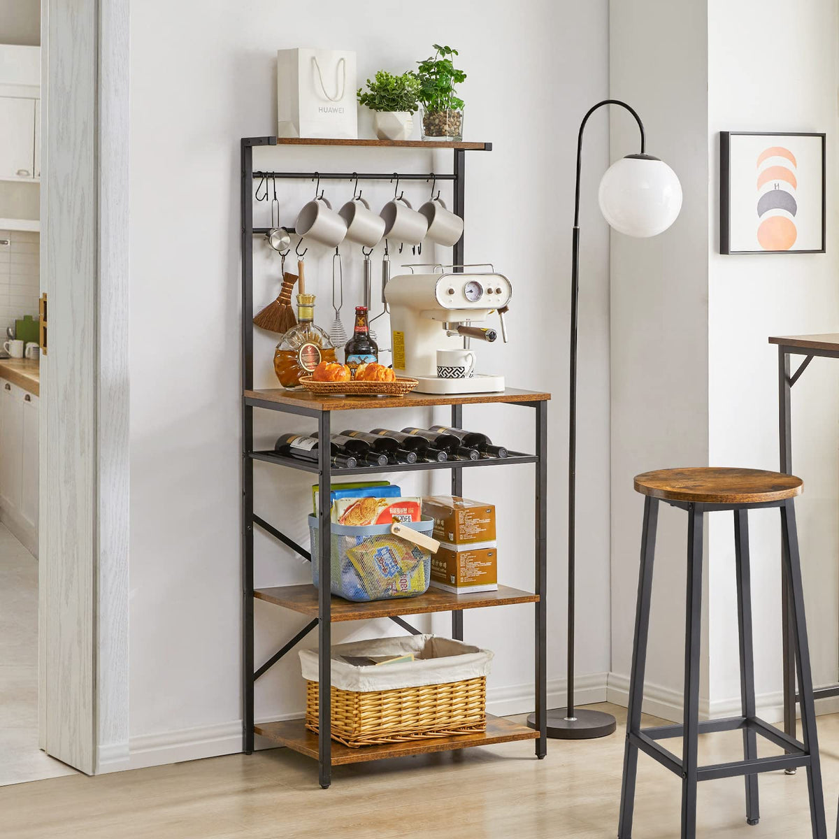 YMYNY Kitchen Baker's Rack, Microwave Oven Stand with Storage Shelves, Industrial Coffee Bar Station, with Adjustable Wine Holders and S-Hooks, Metal