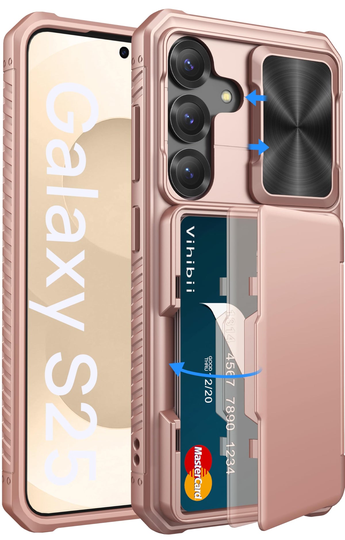 Vihibii for Samsung Galaxy S25 Case with Card Holder (4 Cards), [RFID Blocking] & Slide Camera Cover, Military Grade Drop Protection, Rugged Silicone