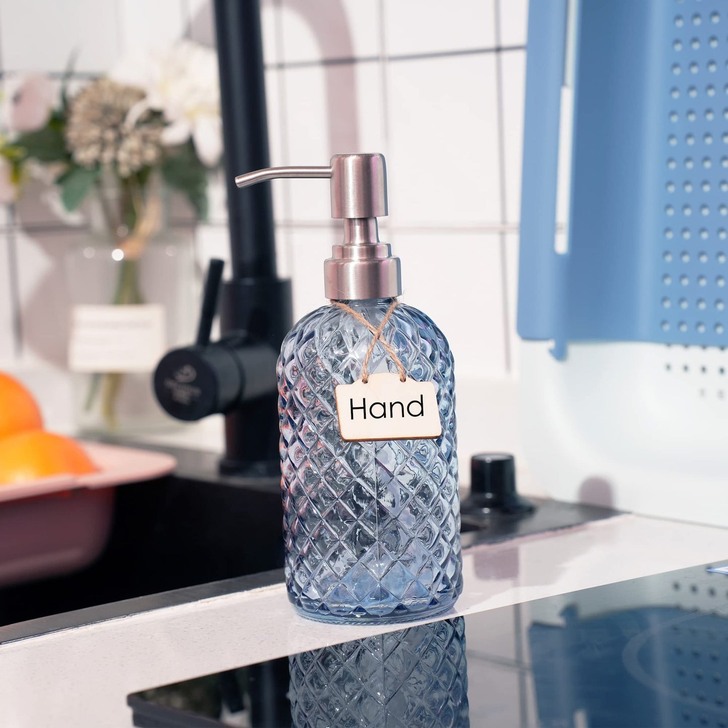 SDlumeiy 16 oz Diamond Pattern Glass Soap Dispenser, Kitchen and Bathroom Refillable Soap Dispenser with Rust Resistant Stainless Steel Pump for Hand