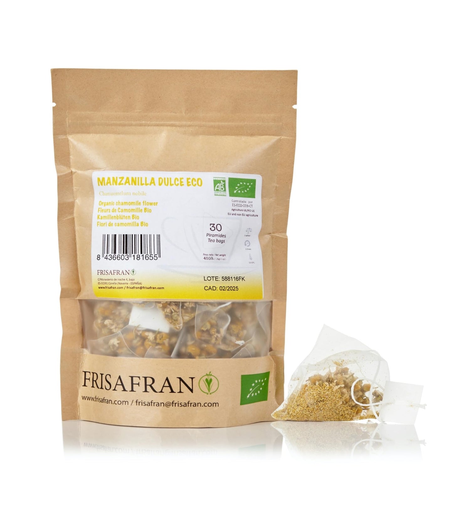 FRISAFRAN | Chamomile entera flowers in pyramids organic 30Ud | CHAMOMILE INFUSION | Loose herbal teas | Relaxing | Origin Europe | Chamomile for