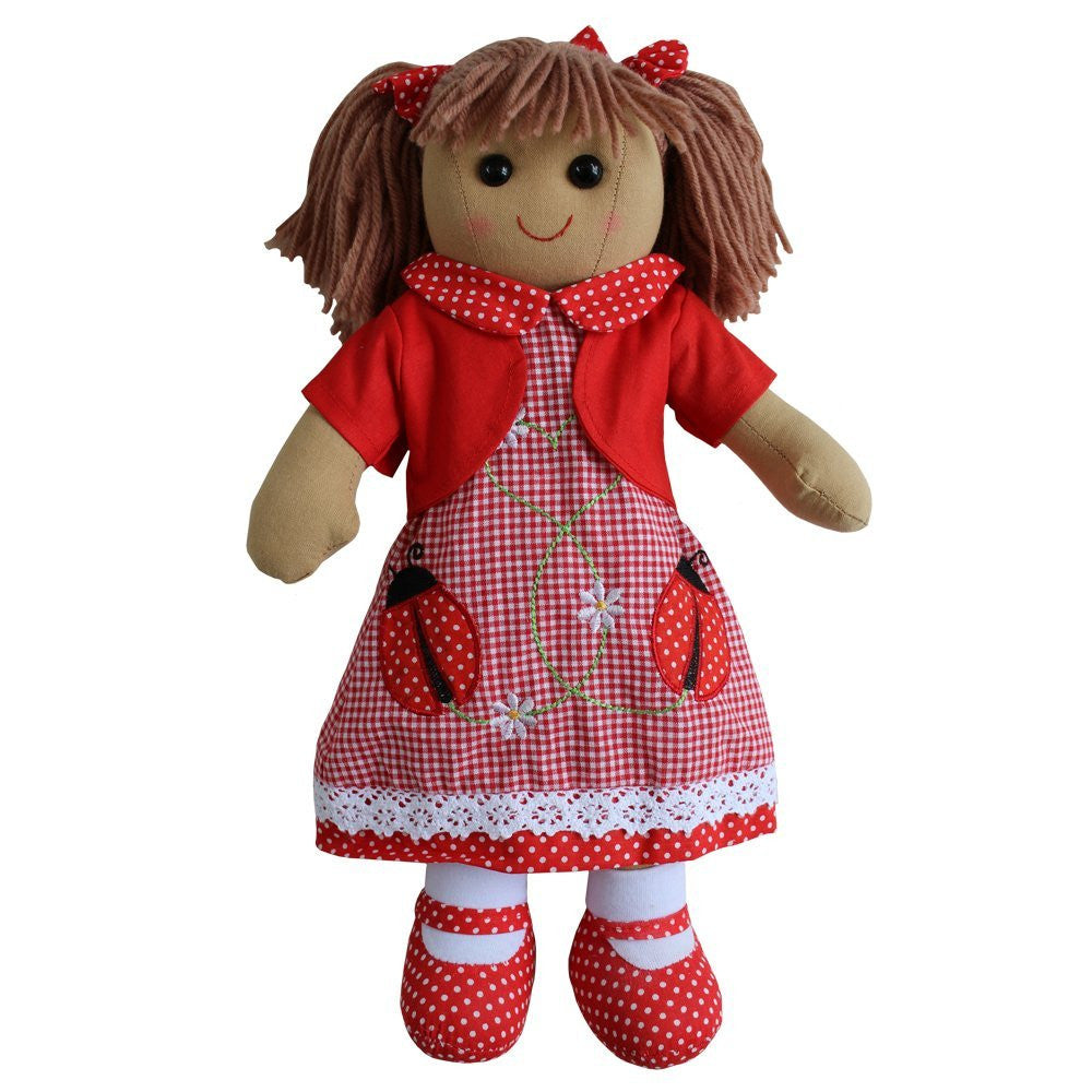 Ladybird embroidered dress rag doll with red cardigan and red polka dot shoes. size 40cm.