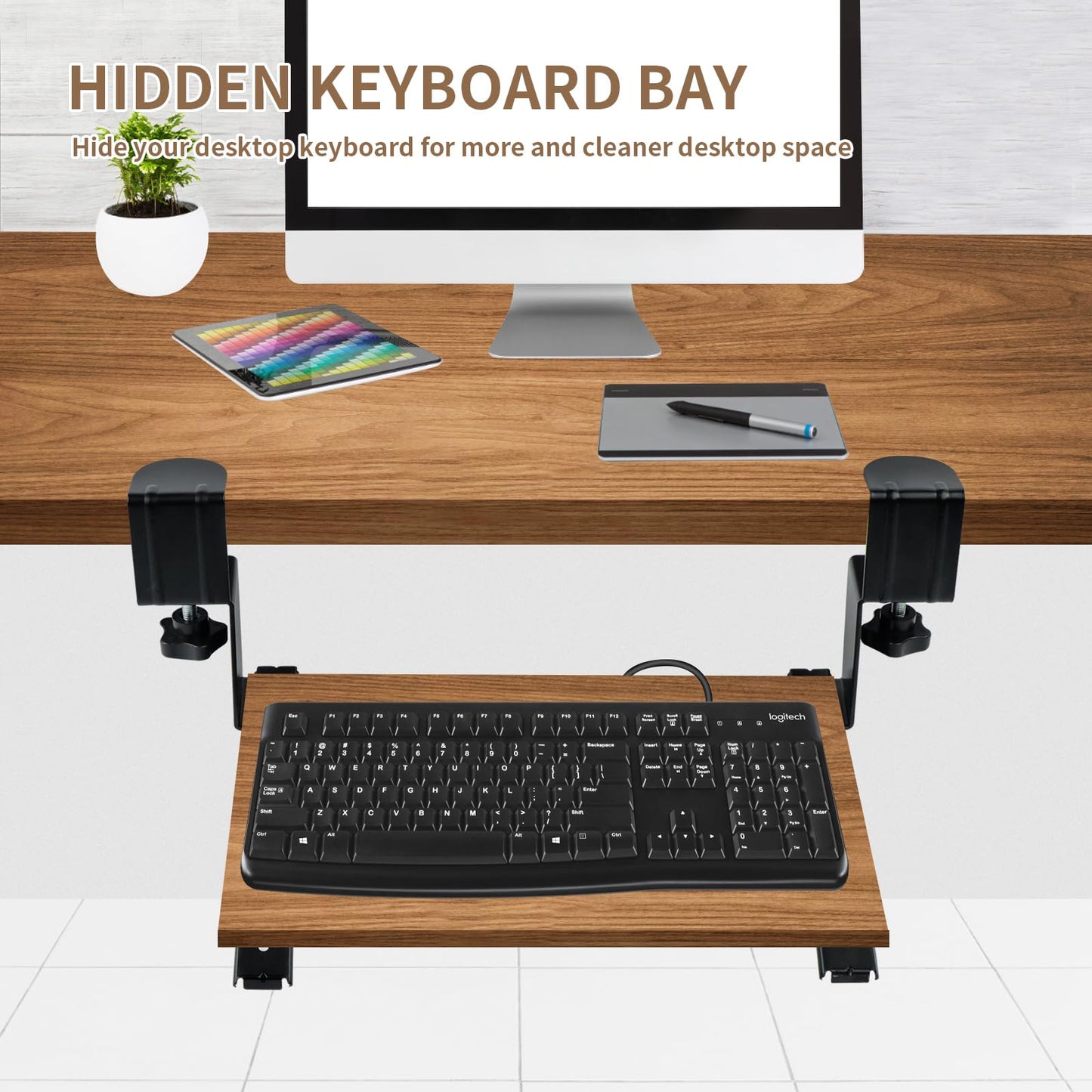 xiruiubao Removable Keyboard Holder, Extendable and Silent Keyboard Tray for Office, PC Keyboard Support with Large C Clamp, 235 mm x 22 mm Iron
