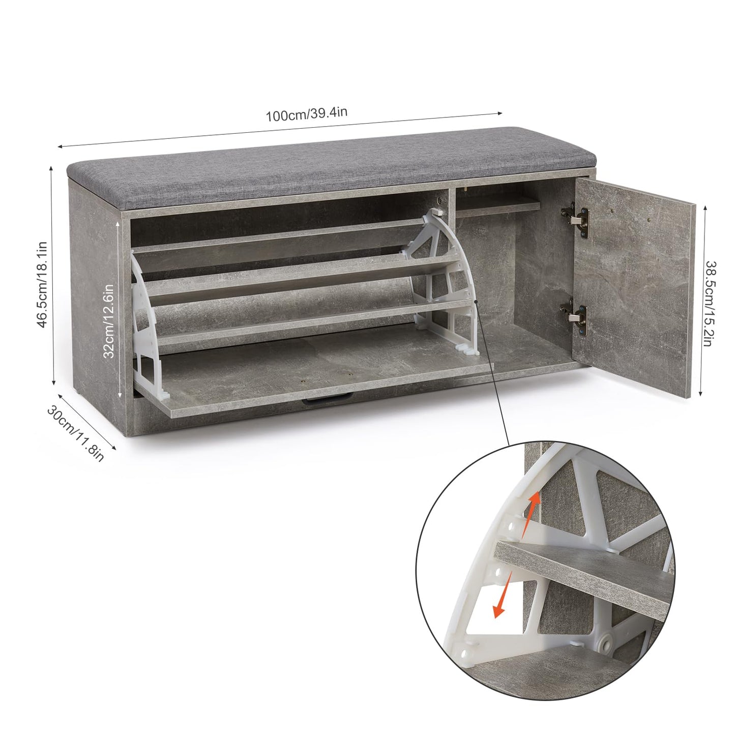 Mondeer Shoe Storage Bench with Cushion, W100 x D30 x H46 cm, Grey