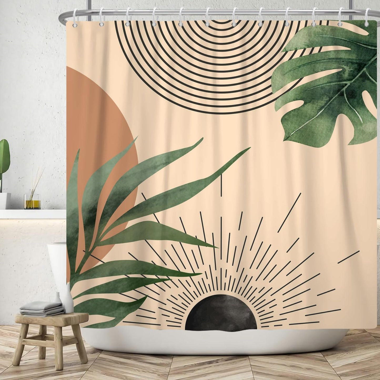 ASDCXZ Boho Shower Curtain 180x200 cm, Modern Abstract Boho Style Green Leaves Black Sun Khaki Bath Washable Shower Curtains Polyester Textile