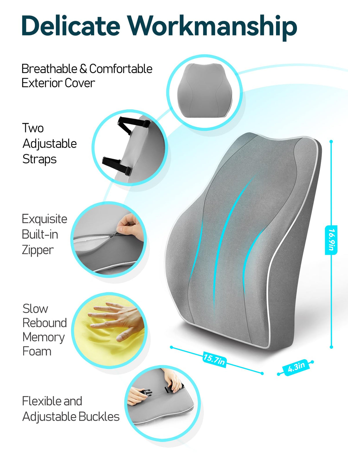 Travel Ease Ergonomic Lumbar Support Cushion, Memory Foam Back Support Cushion for Office Chairs with Skin-friendly Cover for Comfort (Grey)