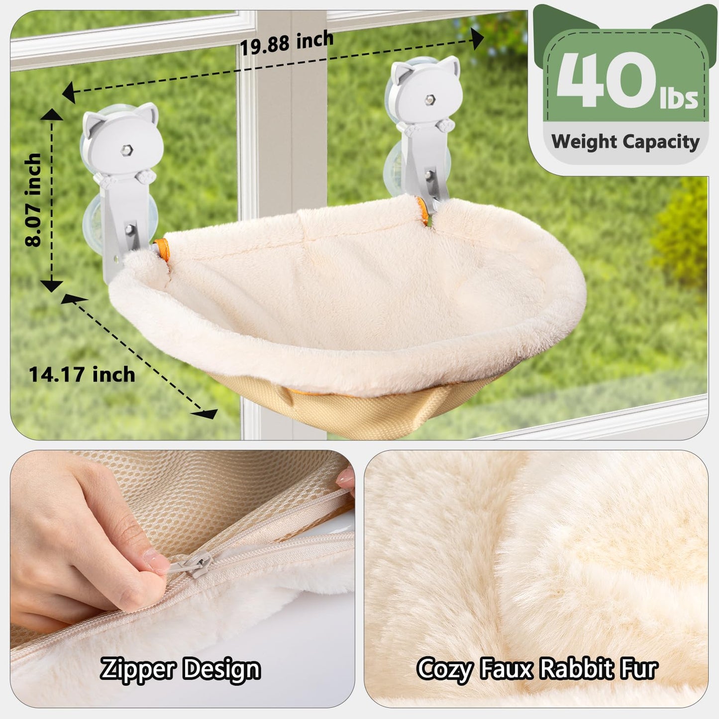 JUNSPOW Cat Window Perch Cordless, Foldable & Stable Cat Beds- Breathable Cats Window Hammock for Overlooking, Sunbathing and Climbing - Maximum Hold