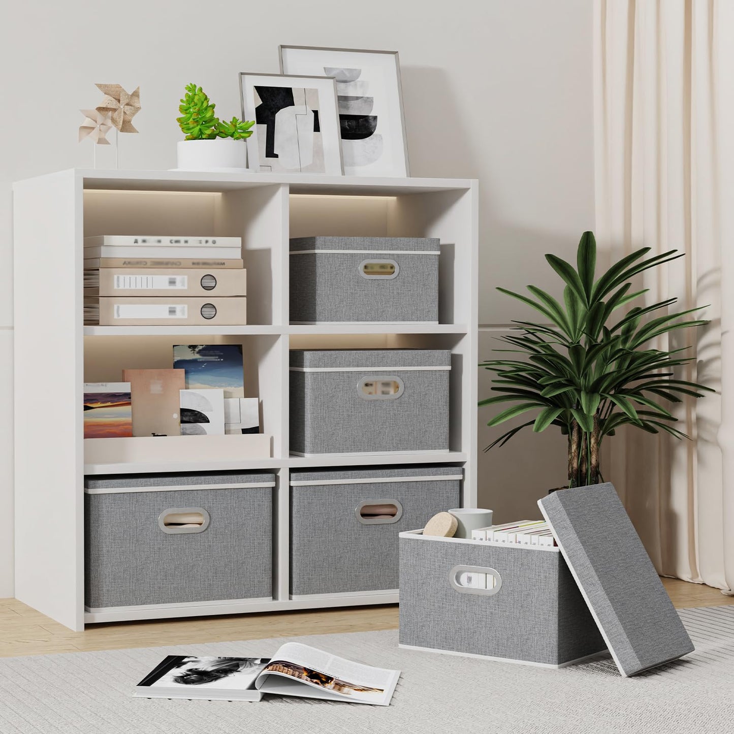 Yawinhe Collapsible Storage Box 3 Pack, Fabric Clothing Shelf Basket with Lid, for Organizing Home, 38x25x25cm, Grey, SNK023GL-3