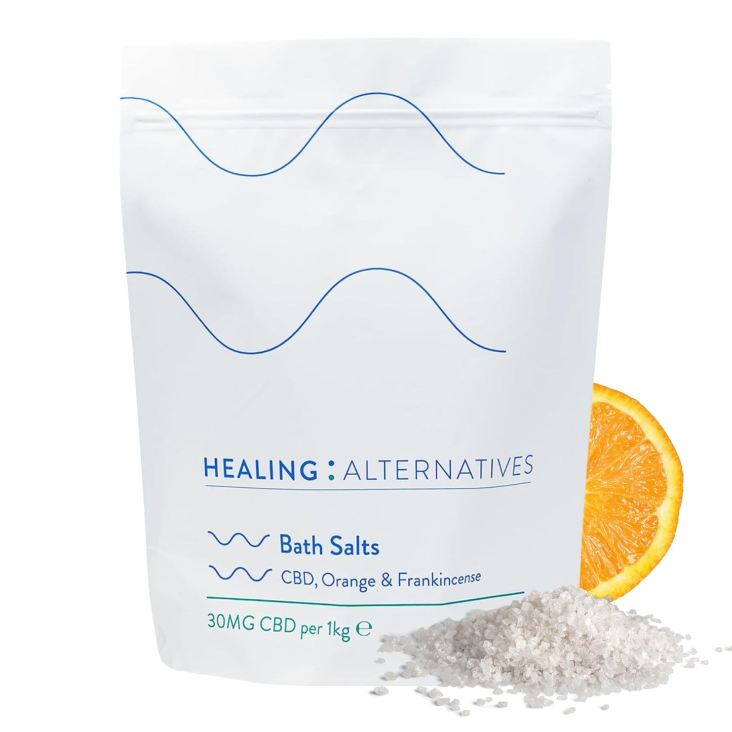 Healing Alternatives CBD Bath Salts, 1kg | Orange & Frankincense Dead Sea Salts | 30mg Broad-Spectrum CBD with 21 Minerals | Joint Mobility,