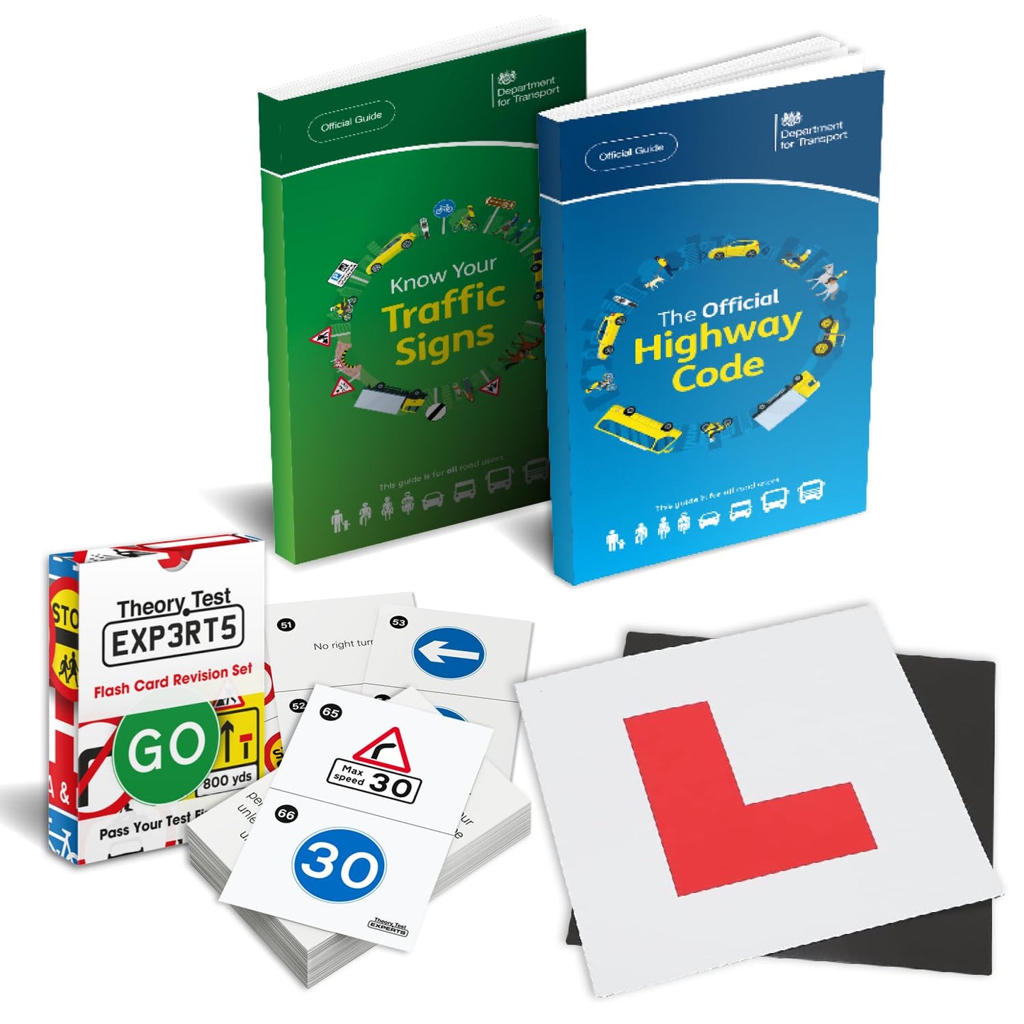 The Highway Code 2025 UK + Know Your Traffic Signs 2025 UK + 128 Road Signs Flash Cards 2025 UK + 2 x Magnetic L Plates - Driving Instructor Approved