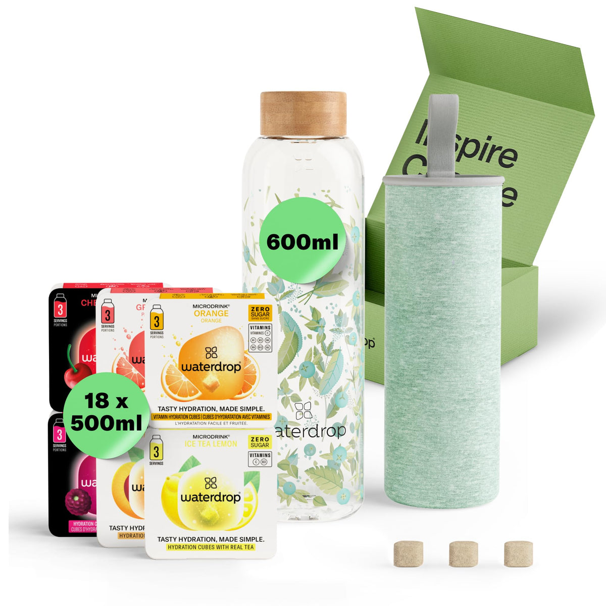 waterdrop? Glass Starter Set ? 600ml Borosilicate Glass Bottle + 18 Sugar-Free Microdrink Hydration Cubes in 6 Flavours, Vitamin C & B Infused, BPA
