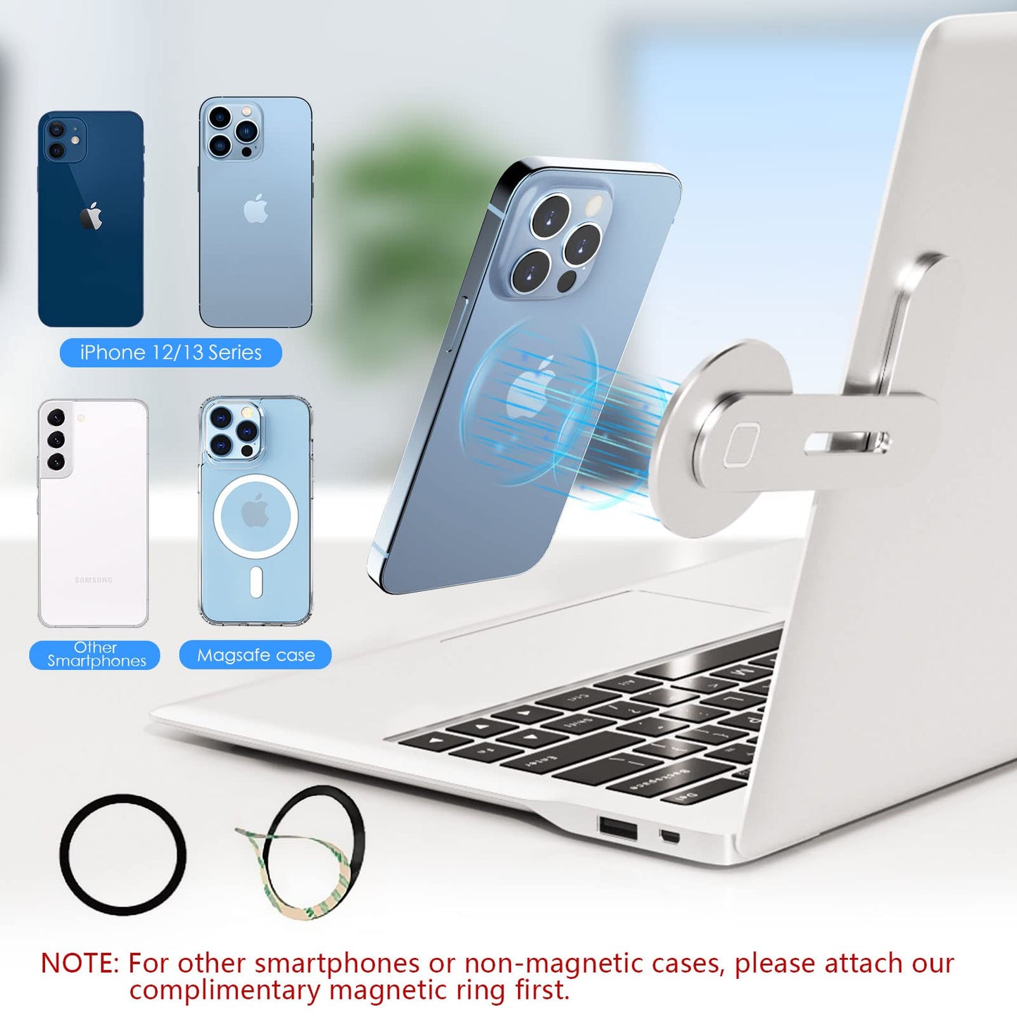 imluckies Magnetic Laptop Phone Holder, Adjustable Computer Monitor Side Mount Clip Compatible with iPhone 16/15/14/13/12 Series & MagSafe Case & All