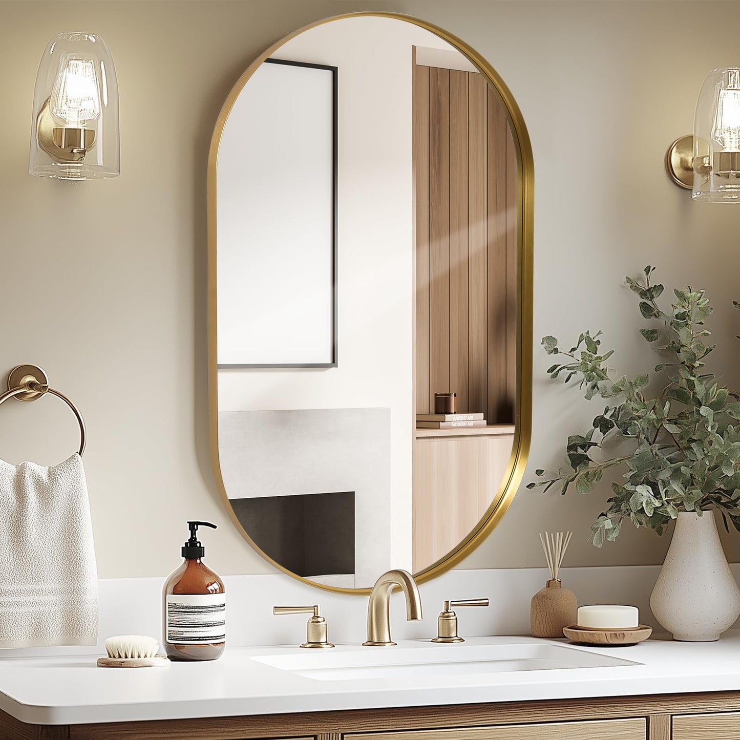LunaMirror Wall Mirror Oval 60x90 CM Wall-Mounted Bathroom Vanity Mirror Stylish Gold Mirror Wall Decor Rectangle Wall Hanging Mirror with Curved