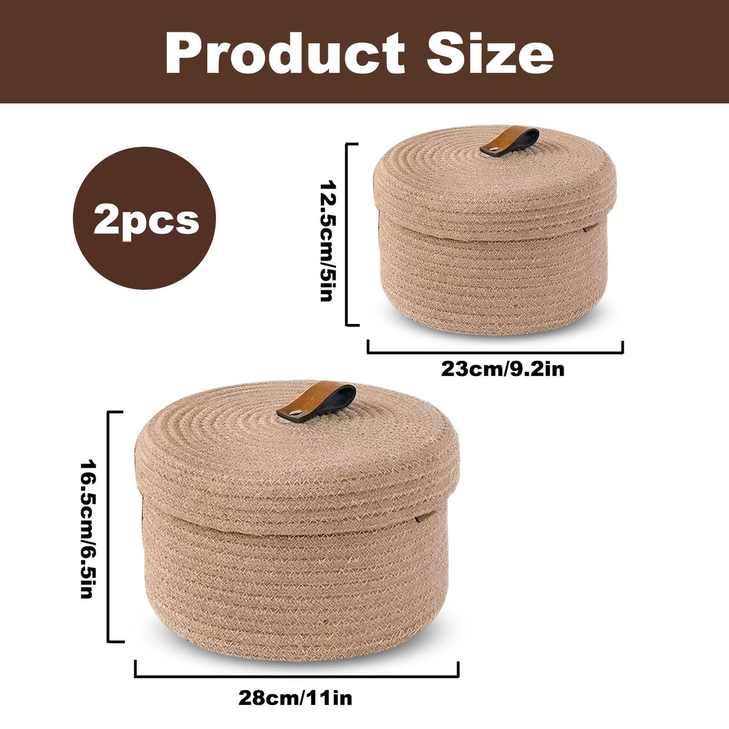 Set of 2 Storage Basket with Lid, Round Cotton Rope Decorative Basket with Leather Handles, Multifunctional Woven Baskets for Shelves, Bedroom
