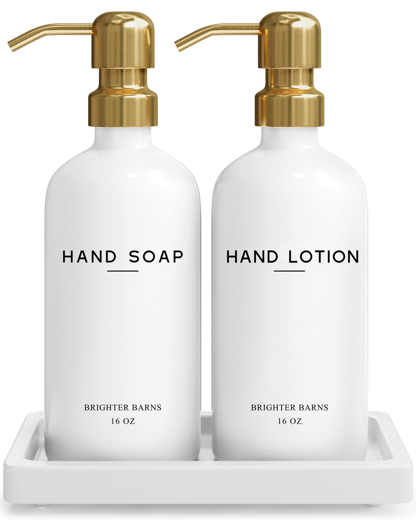 Luxury Glass Soap and Lotion Dispenser Set with Tray by Brighter Barns - Hand Soap Dispenser Bathroom Set & Stainless Steel Pump for Home or Airbnb -