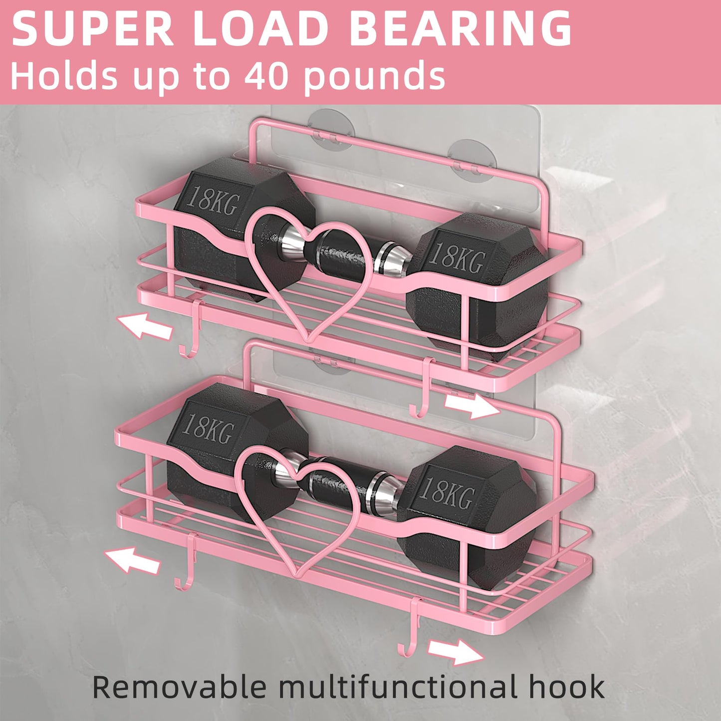 Pink Shower Caddy 2 Pack –No Drill Wall Mounted Suction Shelf for Bathroom