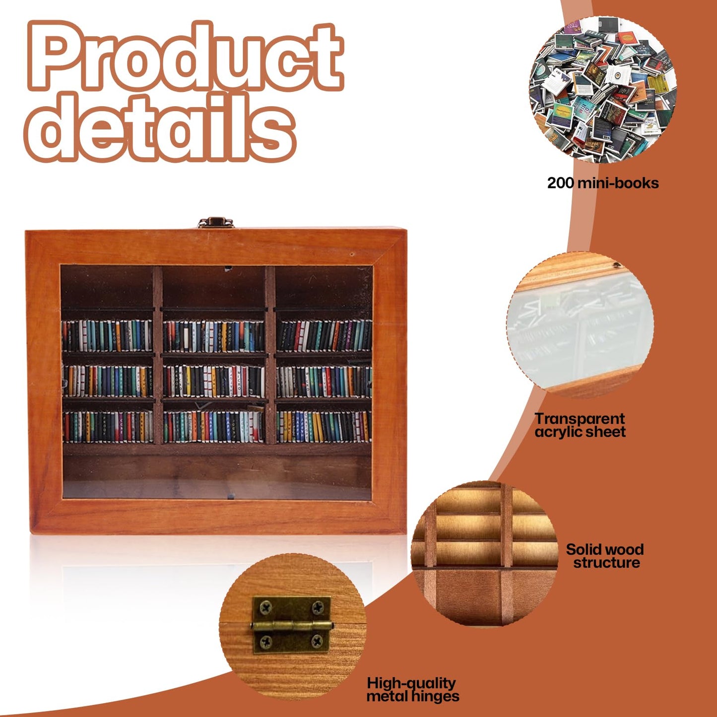 NCOALE Anxiety Bookshelf Shake Away Your Anxiety, Mini Bookshelf with 200 Miniature Books Wooden Miniature Library for Book Lovers & Anxious