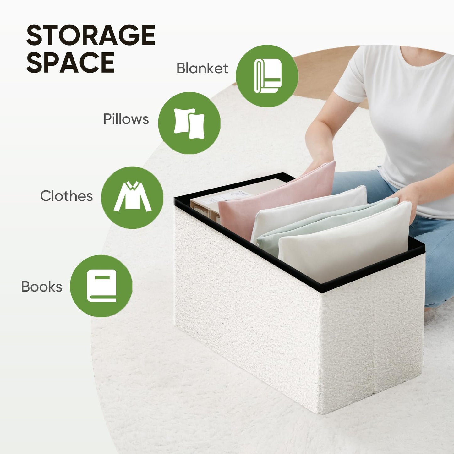 Bonlife Boucle Ottoman Seat with Storage,Folding Small Footstool for Living Room,Cube Toy Chest Box,Foot Rest,Cream,42x32x32cm