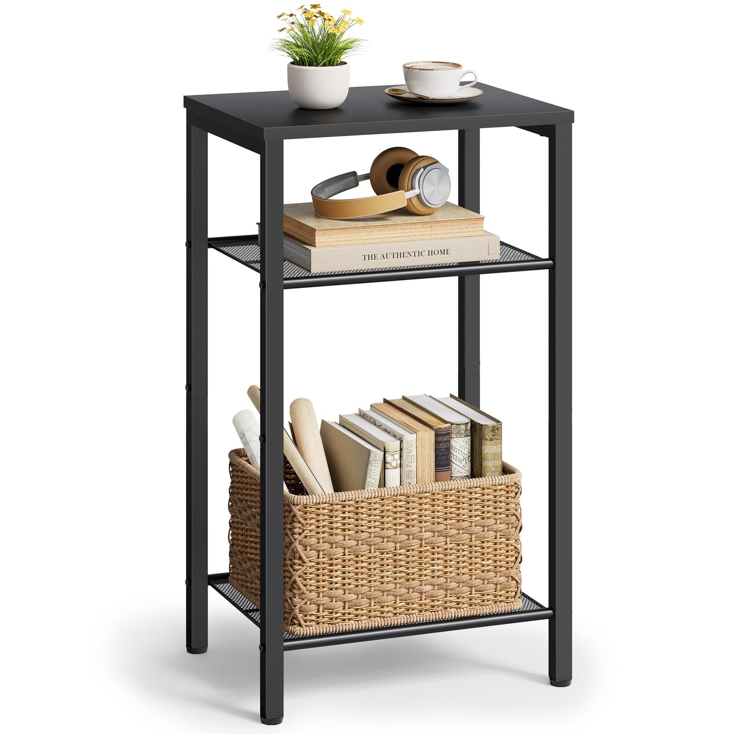 Hoctieon 3 Tier End Table, Telephone Table, Tall Side Table with Storage, Small Nightstand for Small Spaces, Metal Frame, For Living Room, Bedroom