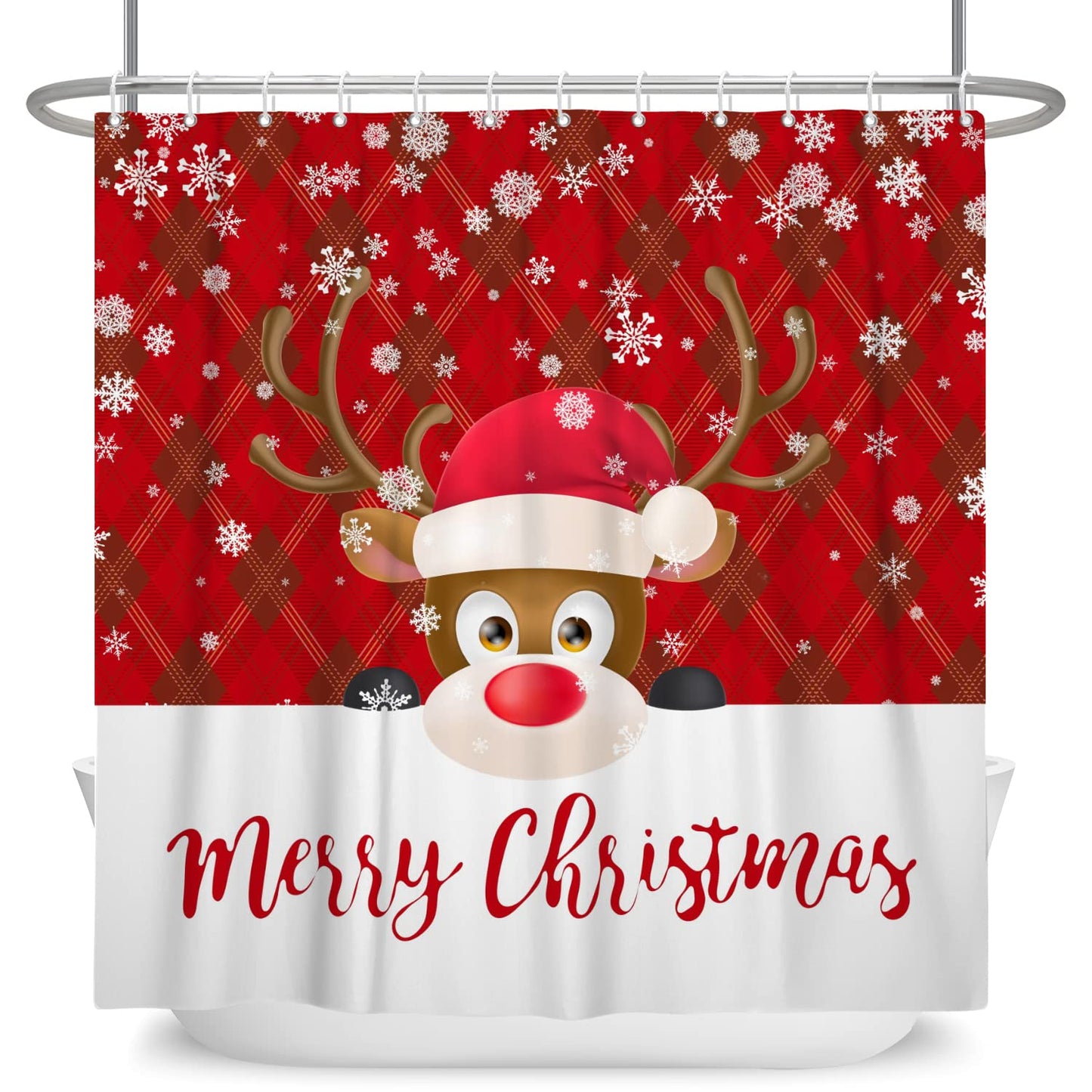 SDOTPMT 140x183cm Cute Cartoon Reindeer with Red Hat Shower Curtain Merry Christmas Festive Red Grids Bath Curtain Winter Holiday Snowflakes Shower