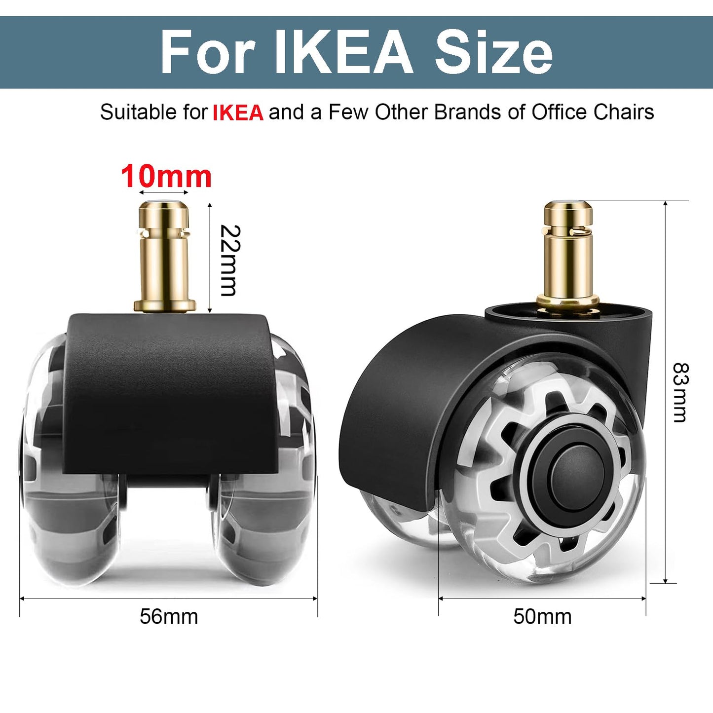 Office Chair Wheels 10x22 mm for 1KEA, Set of 5 Rubber Chair Castors for Gaming Chairs, Office Chair Wheels Replacement Castors for Hard Floors